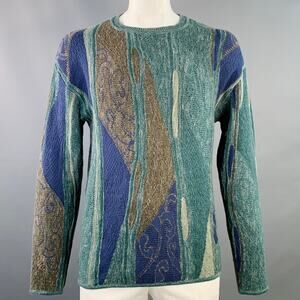EMPORIO ARMANI Size L Green Blue Geometric Cotton Linen Crew Neck Sweater